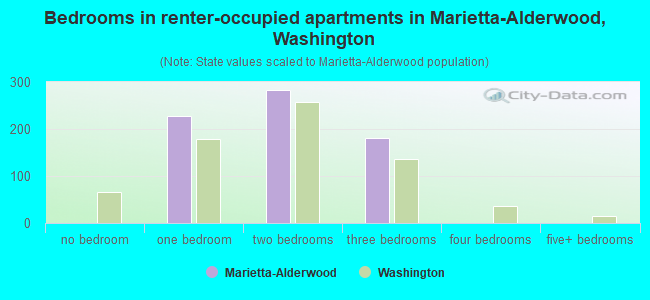 Bedrooms in renter-occupied apartments in Marietta-Alderwood, Washington