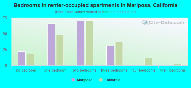 Bedrooms in renter-occupied apartments in Mariposa, California