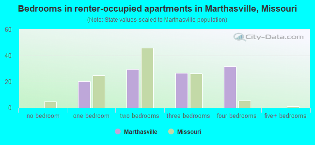 Bedrooms in renter-occupied apartments in Marthasville, Missouri