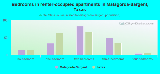 Bedrooms in renter-occupied apartments in Matagorda-Sargent, Texas