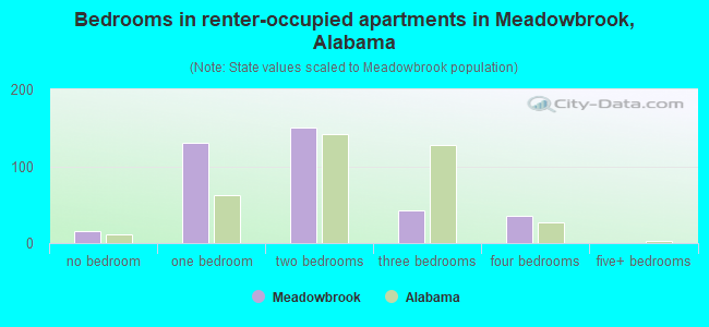 Bedrooms in renter-occupied apartments in Meadowbrook, Alabama
