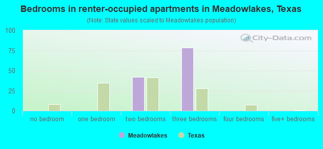 Bedrooms in renter-occupied apartments in Meadowlakes, Texas