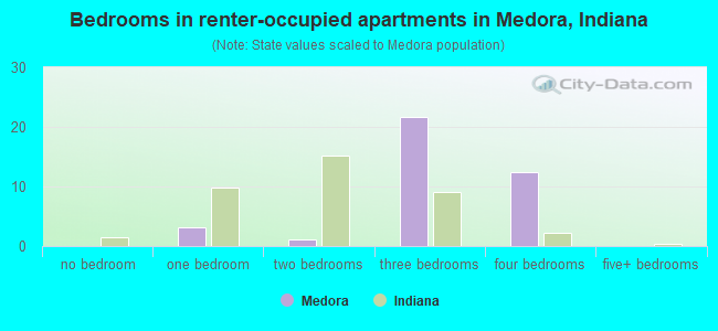 Bedrooms in renter-occupied apartments in Medora, Indiana