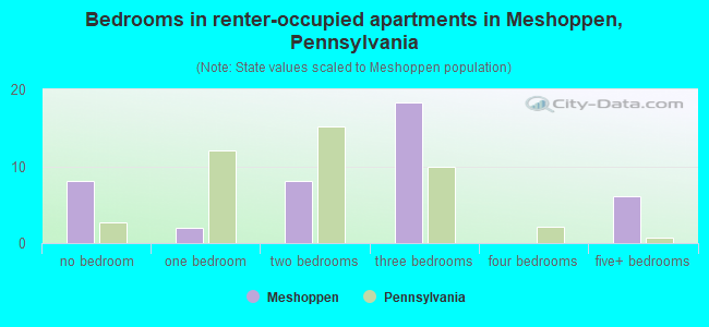 Bedrooms in renter-occupied apartments in Meshoppen, Pennsylvania