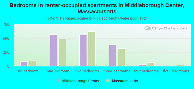 Bedrooms in renter-occupied apartments in Middleborough Center, Massachusetts
