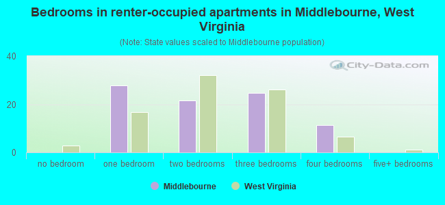 Bedrooms in renter-occupied apartments in Middlebourne, West Virginia