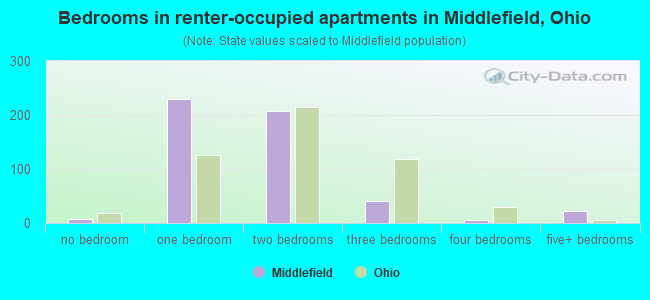 Bedrooms in renter-occupied apartments in Middlefield, Ohio