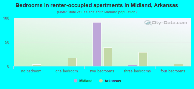 Bedrooms in renter-occupied apartments in Midland, Arkansas