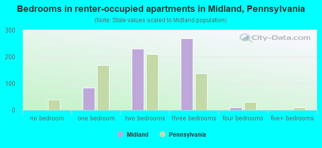 Bedrooms in renter-occupied apartments in Midland, Pennsylvania