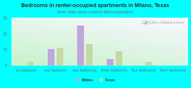 Bedrooms in renter-occupied apartments in Milano, Texas