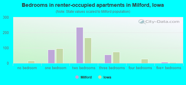 Bedrooms in renter-occupied apartments in Milford, Iowa