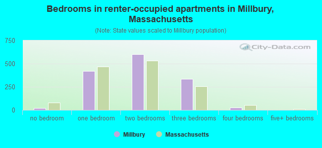Bedrooms in renter-occupied apartments in Millbury, Massachusetts