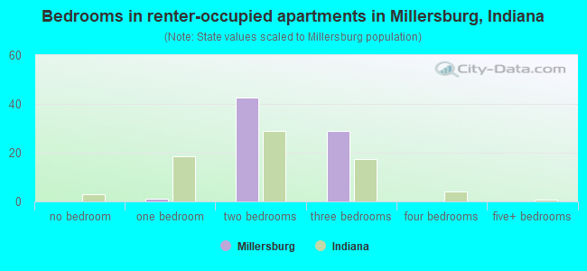 Bedrooms in renter-occupied apartments in Millersburg, Indiana