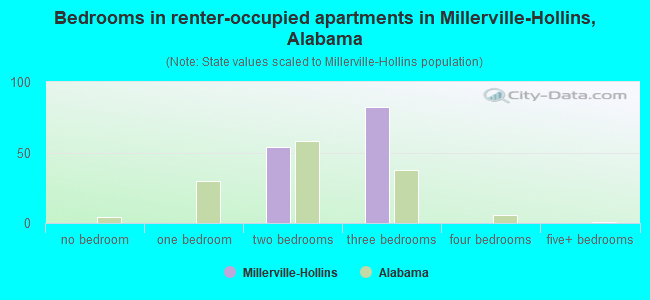 Bedrooms in renter-occupied apartments in Millerville-Hollins, Alabama