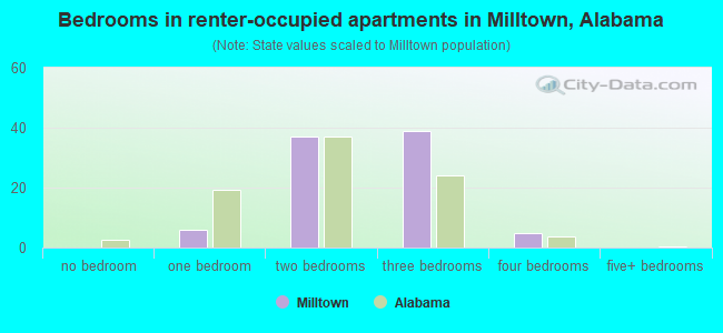 Bedrooms in renter-occupied apartments in Milltown, Alabama