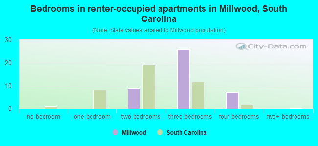 Bedrooms in renter-occupied apartments in Millwood, South Carolina