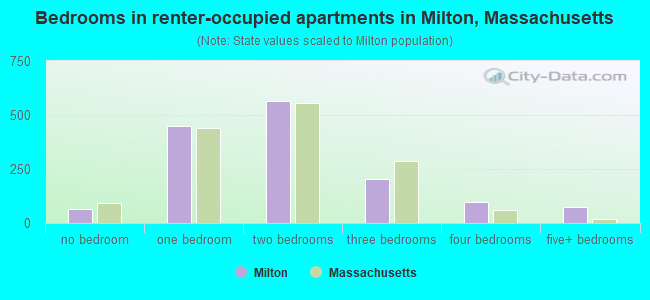 Bedrooms in renter-occupied apartments in Milton, Massachusetts
