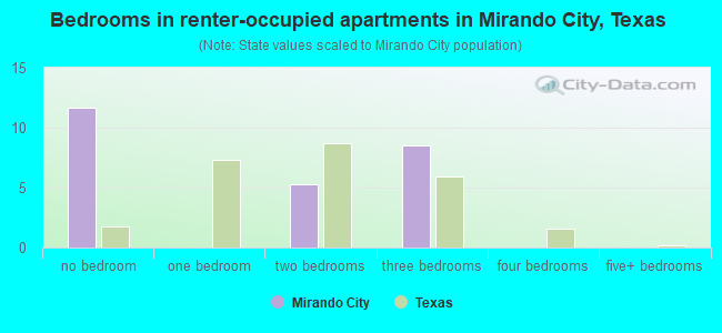 Bedrooms in renter-occupied apartments in Mirando City, Texas