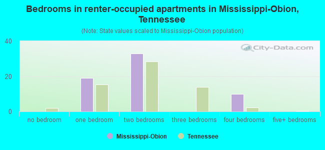 Bedrooms in renter-occupied apartments in Mississippi-Obion, Tennessee