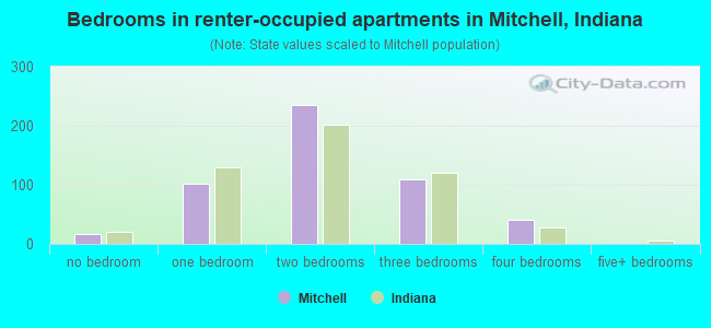 Bedrooms in renter-occupied apartments in Mitchell, Indiana