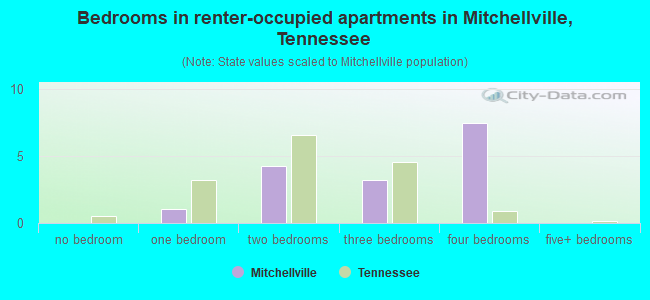 Bedrooms in renter-occupied apartments in Mitchellville, Tennessee