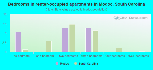 Bedrooms in renter-occupied apartments in Modoc, South Carolina