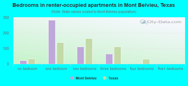 Bedrooms in renter-occupied apartments in Mont Belvieu, Texas