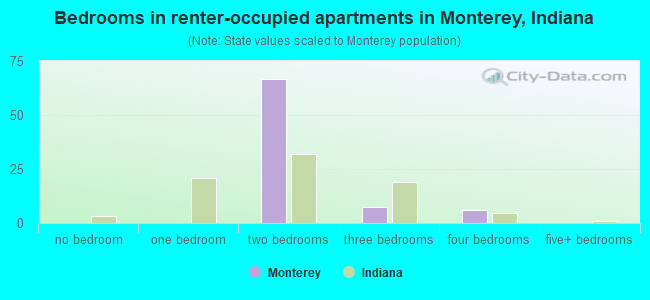 Bedrooms in renter-occupied apartments in Monterey, Indiana