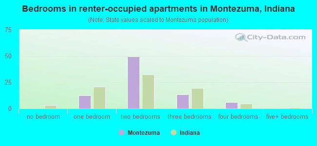 Bedrooms in renter-occupied apartments in Montezuma, Indiana
