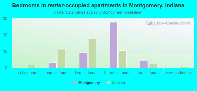 Bedrooms in renter-occupied apartments in Montgomery, Indiana