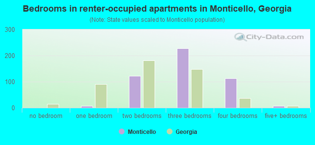 Bedrooms in renter-occupied apartments in Monticello, Georgia