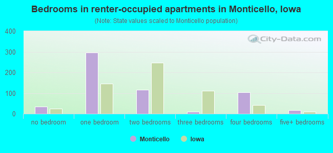 Bedrooms in renter-occupied apartments in Monticello, Iowa