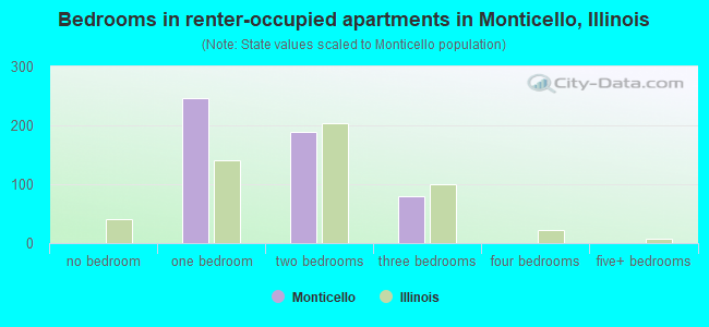 Bedrooms in renter-occupied apartments in Monticello, Illinois