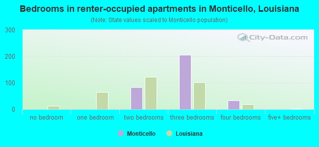 Bedrooms in renter-occupied apartments in Monticello, Louisiana