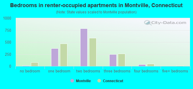 Bedrooms in renter-occupied apartments in Montville, Connecticut