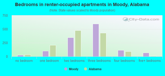 Bedrooms in renter-occupied apartments in Moody, Alabama