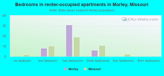 Bedrooms in renter-occupied apartments in Morley, Missouri