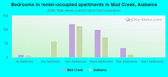Bedrooms in renter-occupied apartments in Mud Creek, Alabama