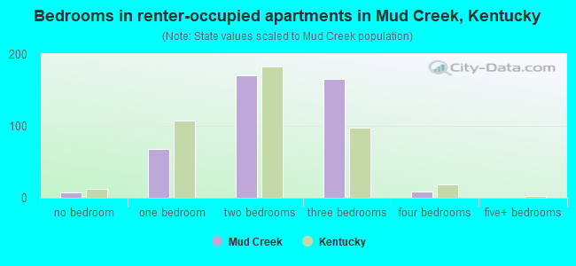 Bedrooms in renter-occupied apartments in Mud Creek, Kentucky