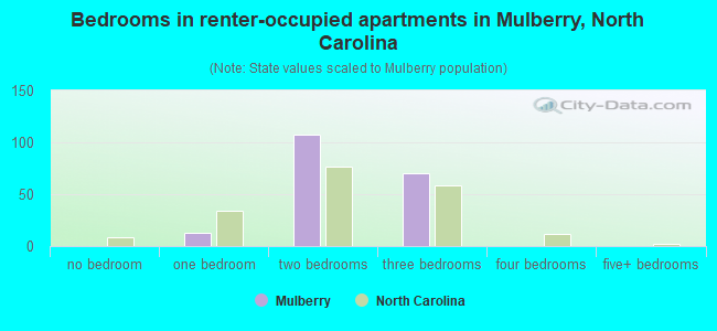 Bedrooms in renter-occupied apartments in Mulberry, North Carolina