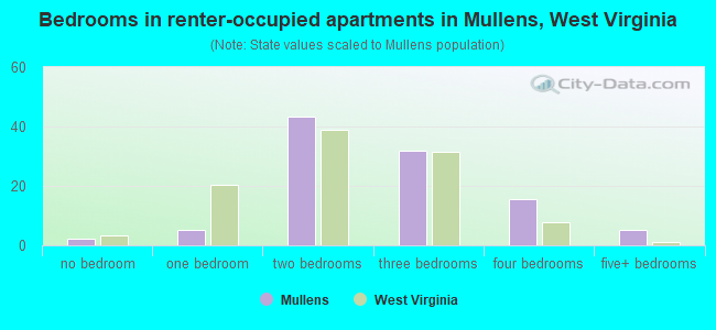 Bedrooms in renter-occupied apartments in Mullens, West Virginia