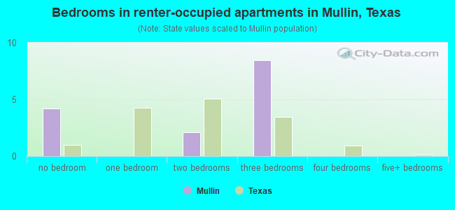 Bedrooms in renter-occupied apartments in Mullin, Texas