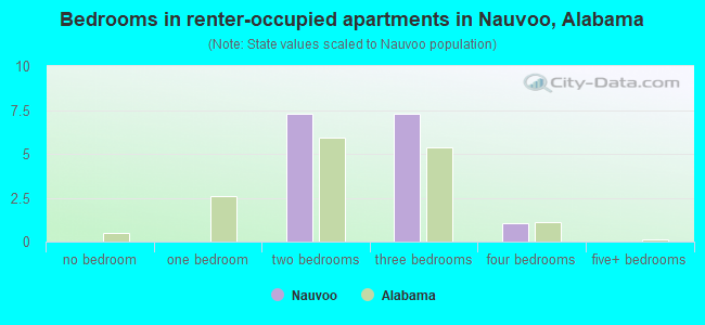 Bedrooms in renter-occupied apartments in Nauvoo, Alabama