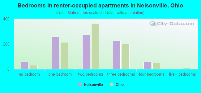 Bedrooms in renter-occupied apartments in Nelsonville, Ohio