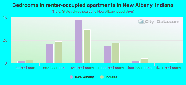 Bedrooms in renter-occupied apartments in New Albany, Indiana