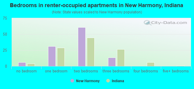 Bedrooms in renter-occupied apartments in New Harmony, Indiana