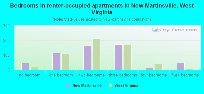 Bedrooms in renter-occupied apartments in New Martinsville, West Virginia