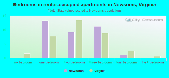 Bedrooms in renter-occupied apartments in Newsoms, Virginia