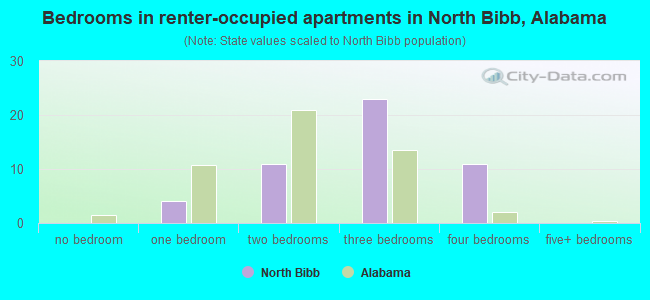 Bedrooms in renter-occupied apartments in North Bibb, Alabama