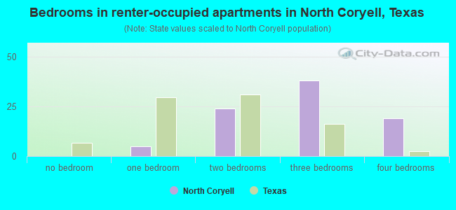 Bedrooms in renter-occupied apartments in North Coryell, Texas